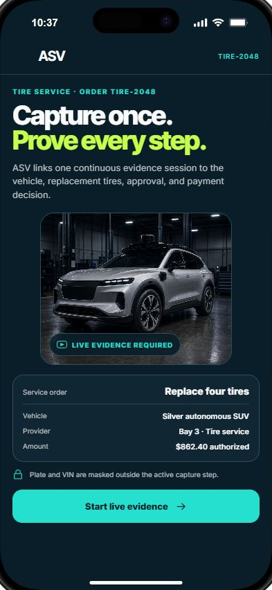ASV screen beginning a guided evidence session for a four-tire replacement order.