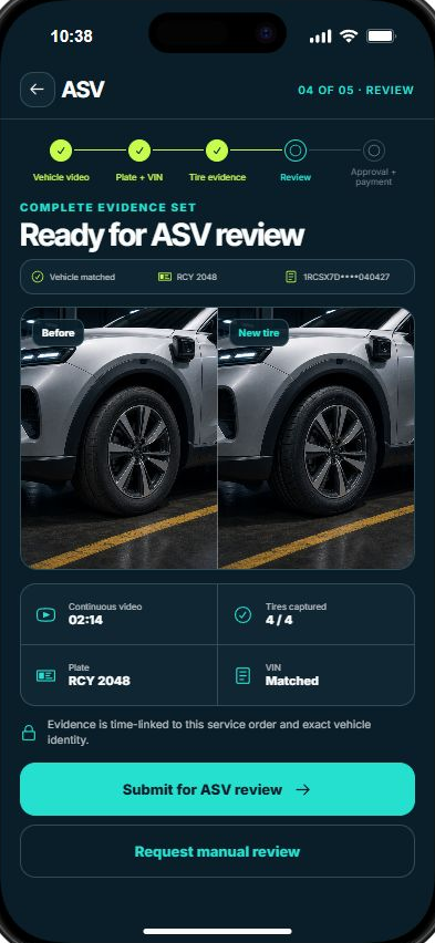 ASV evidence review comparing before-and-after tire condition with matched plate, VIN, video and four tire captures.