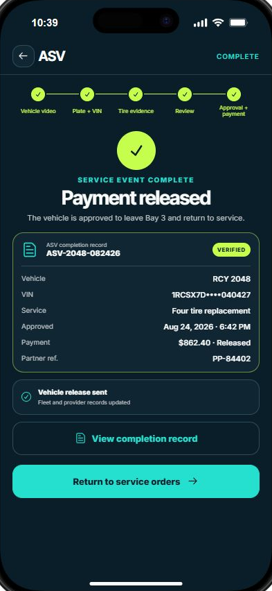 ASV completion record showing a verified tire service, vehicle release and illustrative payment release.