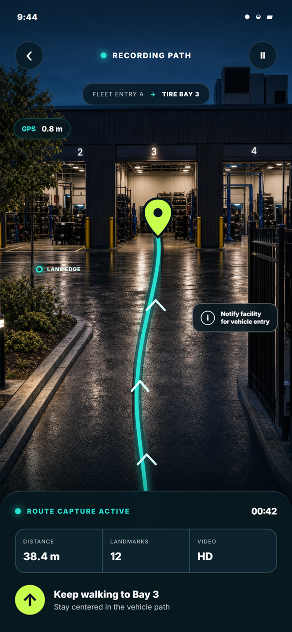 SiteMap walking capture screen recording the path to Tire Bay 3 and showing the required facility notification at the controlled entrance.