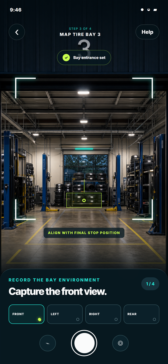 SiteMap environment capture screen recording the entrance and final stop position inside Tire Bay 3.
