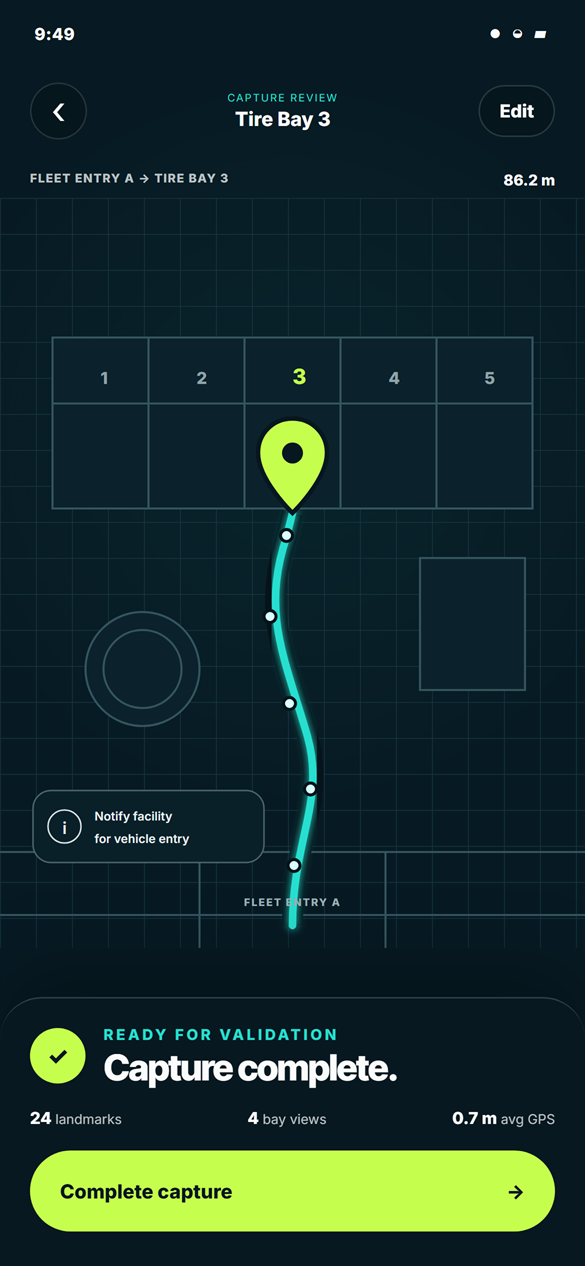 SiteMap capture review showing a continuous route from Fleet Entry A to an anchored GPS pin at Tire Bay 3.
