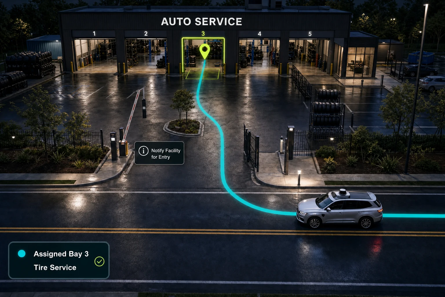 An autonomous vehicle following ReadyCar SiteMap guidance through a facility gate to an assigned repair bay.